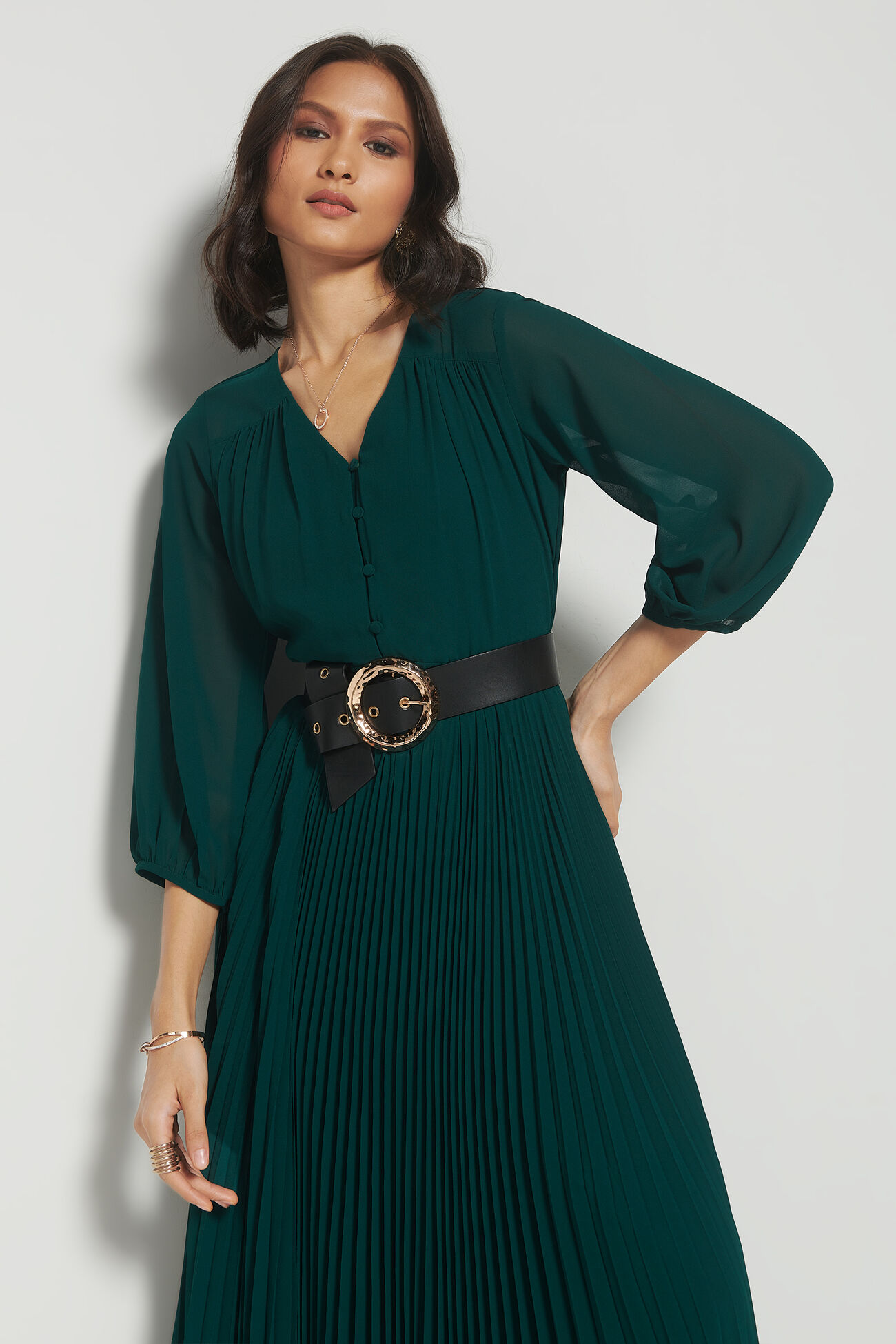 Aubergine Solid Flared Dress, Green, image 2